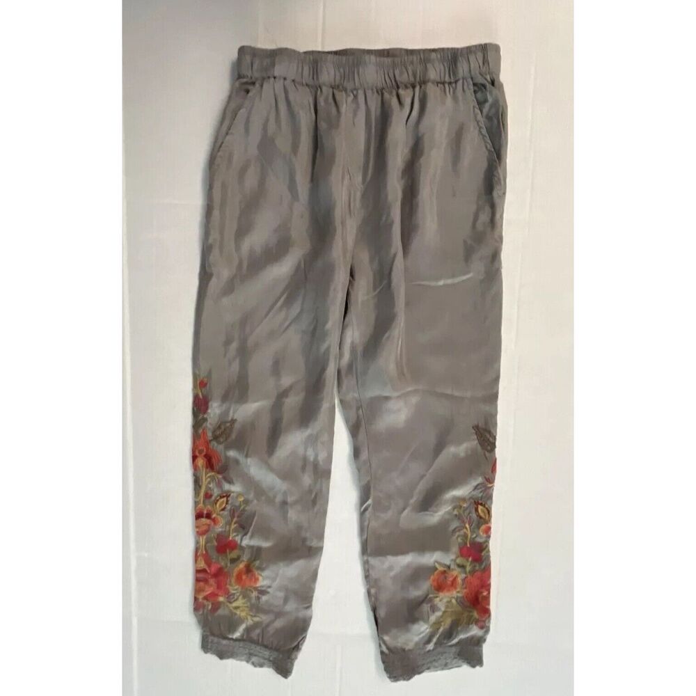 Johnny Was Woman Sz S Jogger Pants Gray Jessica Embroidered Floral Button Ankle